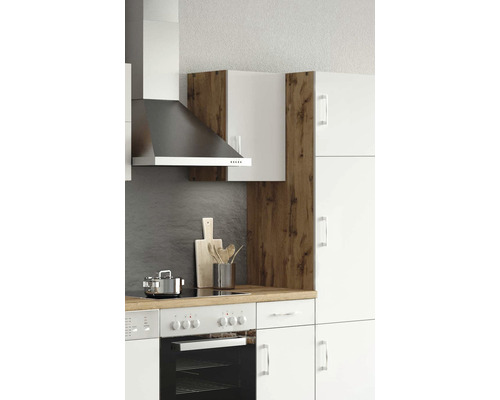 Küchenzeile mit Spüle, Herd, Backofen, Dunstabzugshaube und Hängeschränken