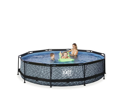 Rundes Aufstellbecken mit Stahlrahmen und grauem Muster, gefüllt mit Wasser und spielenden Personen.