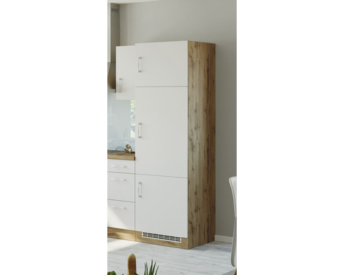 Küchenschrank mit Holzstruktur und weißen Fronten