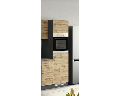 Küchenzeile mit Backofen und Kühlschrank in hellem Holzdekor