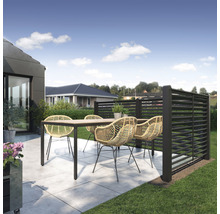 Terrasse mit Esstisch, Stühlen und Sichtschutzzaun