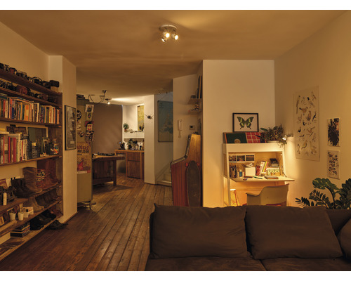 Wohnzimmeransicht mit Bücherregal, Schreibtisch und Holzboden