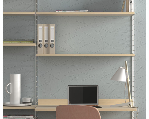 Regalsystem mit Schreibtisch, Ordnern und Lampe