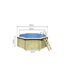 Achteckiger Holzpool mit Leiter und den Maßangaben 400 cm, 350 cm, 165 cm und 124 cm.