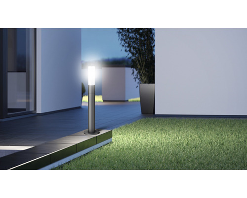 Außenbereich mit Rasen und einer leuchtenden Wegeleuchte