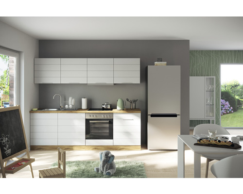 Held Möbel Küchenzeile mit Geräten Florenz 240 cm Frontfarbe weiß matt Korpusfarbe eiche hell zerlegt