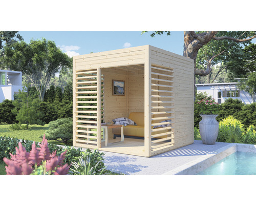 Pavillon Bertilo Unico 1 inkl. Fußboden 226 x 234 cm natur Quadratischer Holzpavillon mit Lamellenwänden im Garten