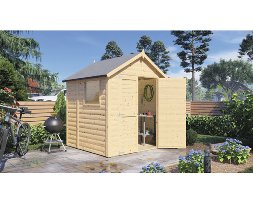 Gartenhaus aus Holz mit geöffneten Türen und Fenster in einem Garten mit Grill und Fahrrad