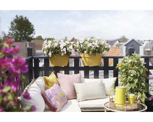 Dekorierte Terrasse mit Blumenkästen, Kissen und Tisch
