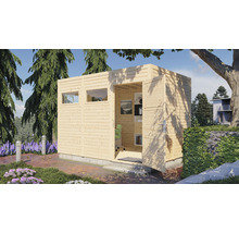 Holzgartenhaus mit Fenstern und offener Tür in grüner Umgebung