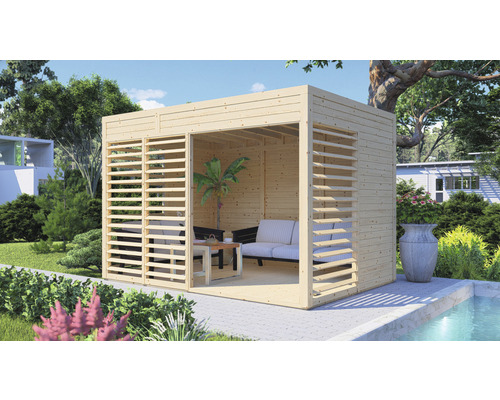 Pavillon Bertilo Unico 2 inkl. Fußboden 337 x 234 cm natur Quadratischer Holzpavillon mit Lamellenwänden und Gartenmöbeln