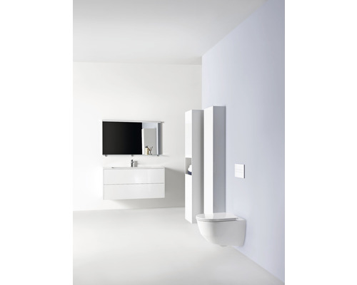 Helles Badezimmer mit Waschtisch, Spiegel, Hängeschrank und wandhängendem WC