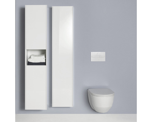 Badezimmer mit zwei weißen Hochschränken und einer hängenden Toilette