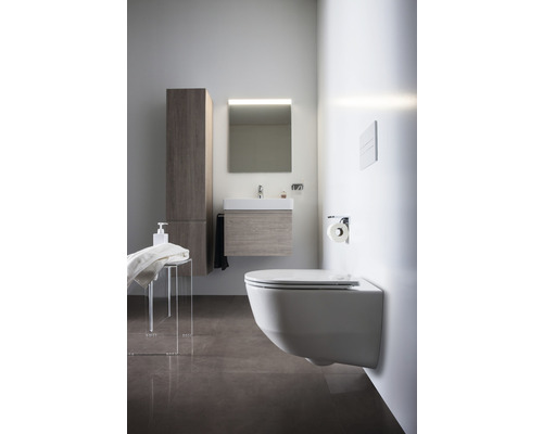 Modernes Badezimmer mit Wand-WC, Waschbecken, Spiegel und Hochschrank