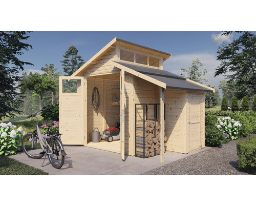Gartenschuppen aus Holz mit geöffneten Türen und Fahrrädern davor