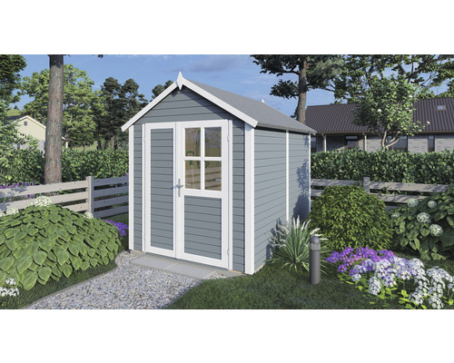 Gartenhaus aus Holz mit Tür und Fenster im Garten