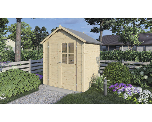Holzgartenhaus mit Doppeltür und Fenster im Garten