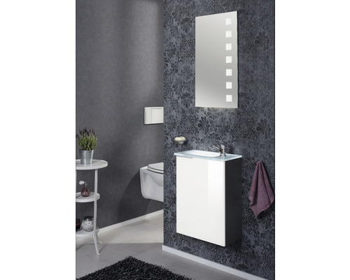 Badezimmer mit Waschtisch, Spiegel, Toilette und Dekoration in dunklen Farbtönen.