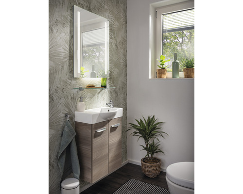 Badezimmer mit Waschtischunterschrank, Spiegel mit Beleuchtung und Zimmerpflanzen