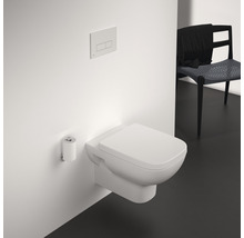 Wandhängendes WC mit Betätigungsplatte und Toilettenpapierhalter in einem Badezimmer.