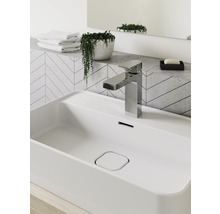 Modernes Badezimmerwaschbecken mit Armatur, Pflanze und Handtüchern