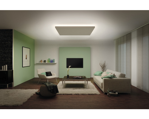 Wohnzimmer mit Deckenleuchte, Sofa und Sessel