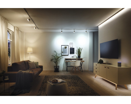 Wohnzimmer mit Sofa, Schreibtisch, Fernseher und Beleuchtungssystem