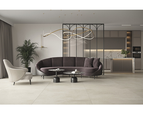 Heller Wohnraum mit Sofa, Sessel, Tisch, Zimmerpflanze und Küchenzeile