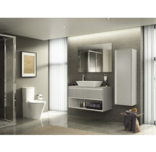 Modernes Badezimmer mit Toilette, Waschtisch, Spiegel und Stauraumelementen