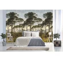 Schlafzimmer mit Waldtapete, Bett und Zimmerpflanzen