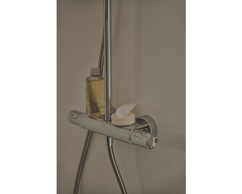 Aufnahme einer Duscharmatur mit Ablagefläche, auf der eine Flasche, eine Tube und ein Stück Seife platziert sind.