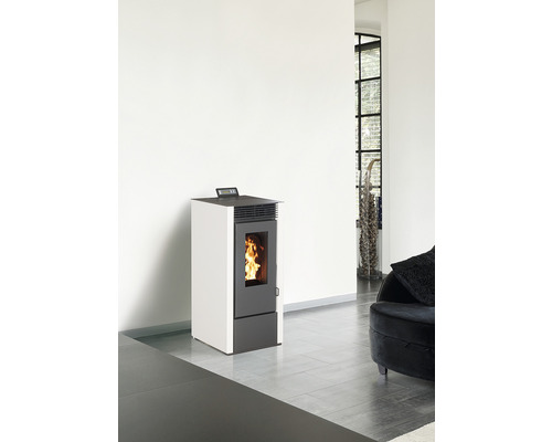 Pelletkaminofen im Wohnzimmer mit Feuer sichtbar hinter der Glasscheibe