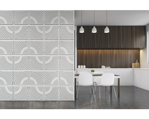 Moderne Küche mit Wandpaneelen und Esstisch