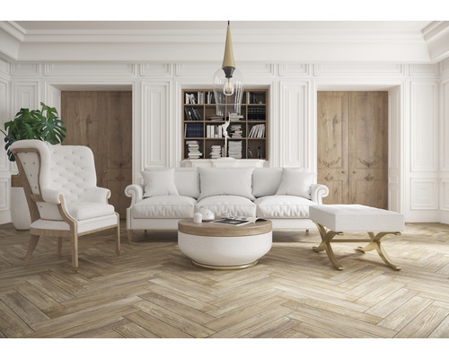 Wohnzimmer mit Sofa, Sessel, Ottomanen, Couchtisch und Bücherregal in einem hellen Raum.