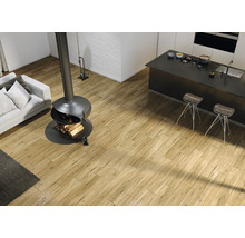 Heller Wohnraum mit Holzboden, Kaminofen, Sofa und Kücheninsel.