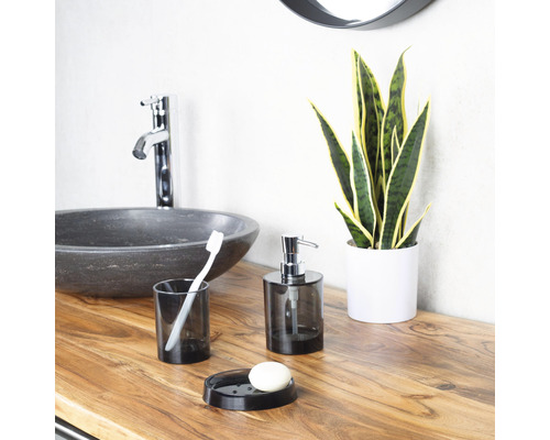 Badezimmer Szene mit Waschbecken, Seifenspender, Seifenschale, Becher, Zahnbürste und Pflanze auf Holztisch