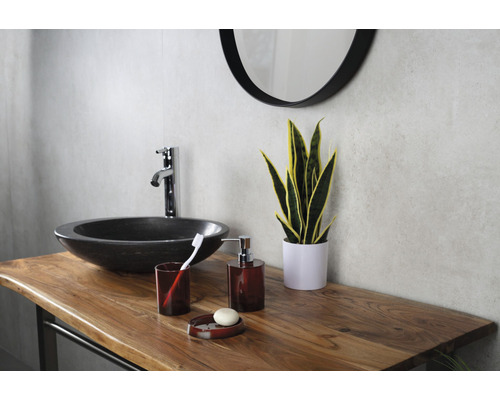 Badezimmer Waschbecken mit Armatur, Spiegel, Pflanze, Zahnputzbecher, Seifenspender und Seifenschale auf Holzablage