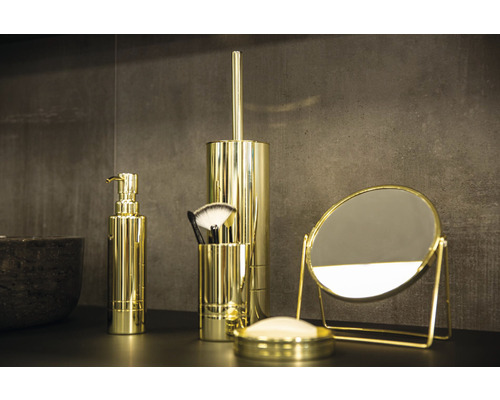 Goldene Badezimmeraccessoires mit Seifenspender, Bürstenhalter, Toilettenbürste, Seifenschale und Spiegel