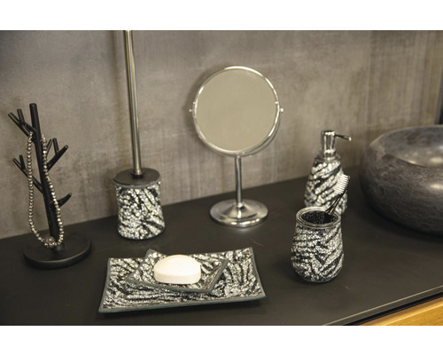Badezimmerzubehör-Set mit Seifenspender, Seifenschale, Toilettenbürste, Kosmetikspiegel, Zahnputzbecher und Schmuckständer