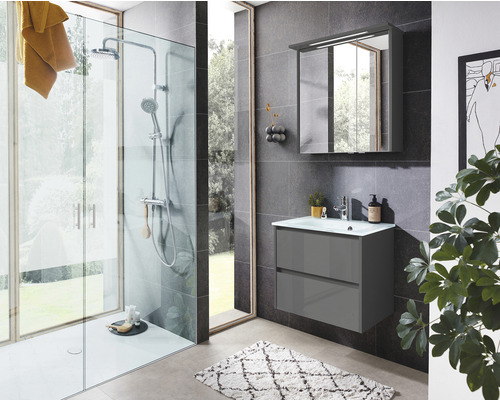 Modernes Badezimmer mit Dusche, Waschtischunterschrank und Spiegelschrank.