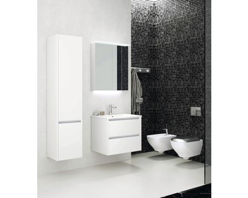 Modernes Badezimmer mit Waschtisch, Spiegelschrank, Hochschrank, Bidet und WC.