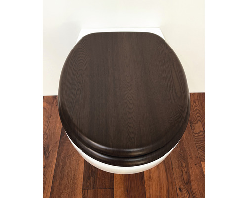 Toilettendeckel aus Holz auf einer Toilette