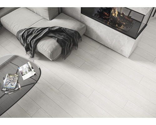 Helles Wohnzimmer mit Sofa, Couchtisch, Kamin und Bodenfliesen in Holzoptik