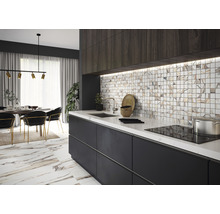 Moderne Küche mit Mosaikfliesen, Küchenzeile und Essbereich