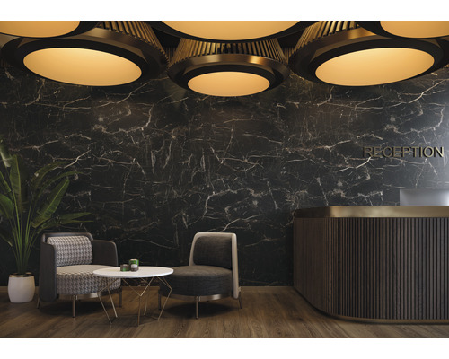 Empfangsbereich mit Marmorwand, Rezeptionstisch und Sitzgelegenheiten.