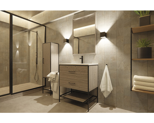 Modernes Badezimmer mit Dusche, Waschtisch, Spiegelschrank und Regalen