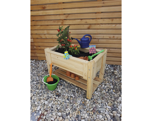 Hochbeet aus Holz mit Pflanzen, Gießkanne und Gartengeräten