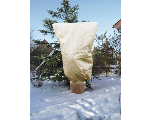Eingepflanzter Baum mit Winterschutzsack im Schnee