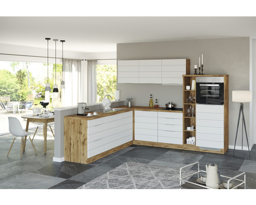 Held Möbel Winkelküche mit Geräten Florenz 240 cm Frontfarbe weiß matt Korpusfarbe eiche hell zerlegt
