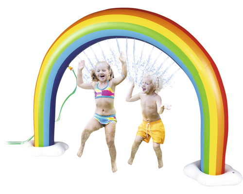 Aufblasbarer Regenbogen Wassersprenkler mit zwei spielenden Kindern
